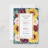 Zonnebloemen Navy Blue Burgundy Gold Weddenschap Save The Date (Voorkant)