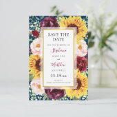 Zonnebloemen Navy Blue Burgundy Gold Weddenschap Save The Date (Staand voorkant)