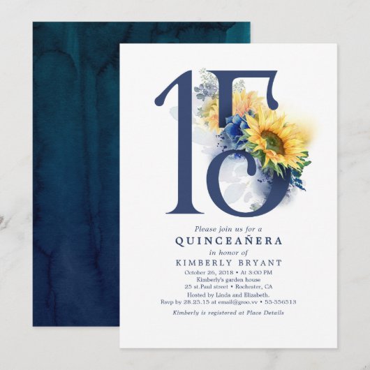 Zonnebloemen Navy Blue Floral Elegant Quinceanera Kaart (Voorkant / Achterkant)