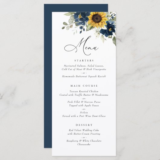 Zonnebloemen Navy Blue Floral Greenery Wedding Men Menu (Voorkant / Achterkant)