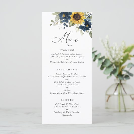 Zonnebloemen Navy Blue Floral Greenery Wedding Men Menu (Staand voorkant)