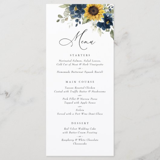 Zonnebloemen Navy Blue Floral Greenery Wedding Men Menu (Voorkant)