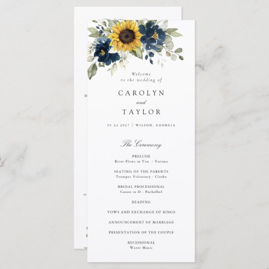 Zonnebloemen Navy Blue Floral Greenery Wedding Programmakaart (Voorkant / Achterkant)