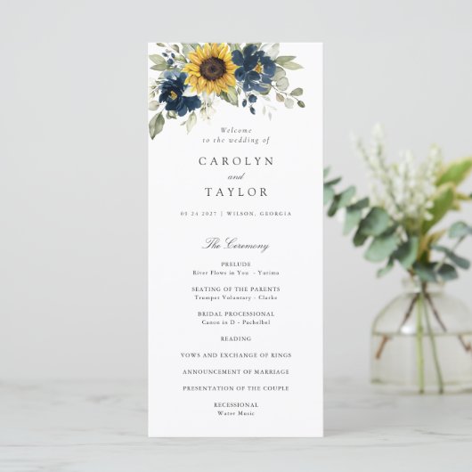 Zonnebloemen Navy Blue Floral Greenery Wedding Programmakaart (Staand voorkant)