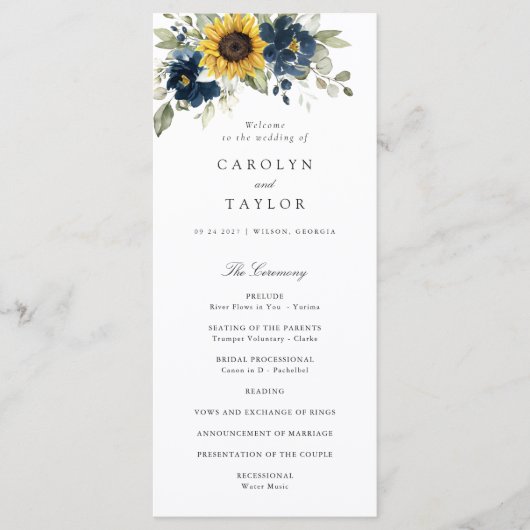 Zonnebloemen Navy Blue Floral Greenery Wedding Programmakaart (Voorkant)