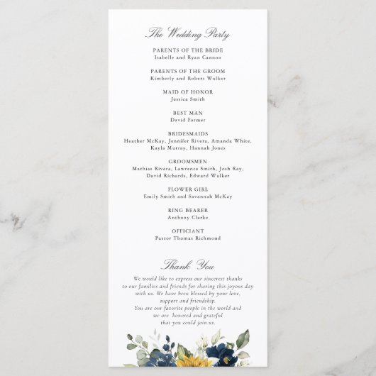Zonnebloemen Navy Blue Floral Greenery Wedding Programmakaart (Achterkant)