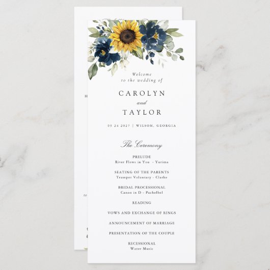 Zonnebloemen Navy Blue Floral Greenery Wedding Programmakaart (Voorkant / Achterkant)