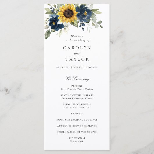 Zonnebloemen Navy Blue Floral Greenery Wedding Programmakaart (Voorkant)