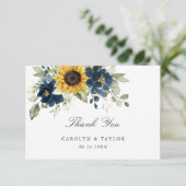Zonnebloemen Navy Blue Floral Rustic Wedding Bedankkaart (Staand voorkant)