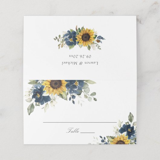 Zonnebloemen Navy Blue Floral Wedding Place Card Plaatskaartje (Buitenkant ongevouwen)