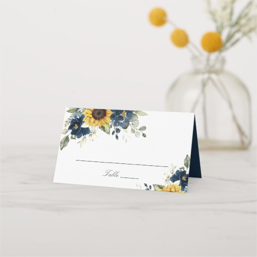 Zonnebloemen Navy Blue Floral Wedding Place Card Plaatskaartje (Voorkant)