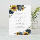 Zonnebloemen Navy Blue Flowers Greenery Wedding Kaart (Staand voorkant)