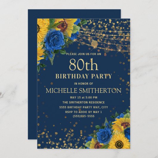 Zonnebloemen Navy Blue Gold String Lights 80th Kaart (Voorkant / Achterkant)