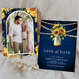 Zonnebloemen Navy Blue Mason Jar foto bruiloft Save The Date