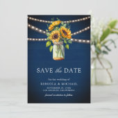 Zonnebloemen Navy Blue Mason Jar foto bruiloft Save The Date (Staand voorkant)