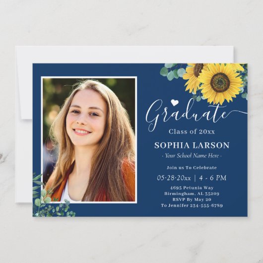 Zonnebloemen Navy Blue Photo Afstuderen Celebratio Kaart (Voorkant)