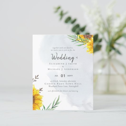 Zonnebloemen Olijfbladeren Rustiek Teal Trouwen (Staand voorkant)