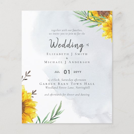 Zonnebloemen Olijfbladeren Rustiek Teal Trouwen (Voorkant)