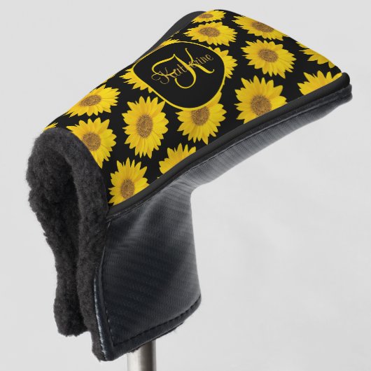 Zonnebloemen op Black Monogram Floral Golfheadcover (3/4 voorkant)