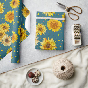 Zonnebloemen op Blauw Cadeaupapier