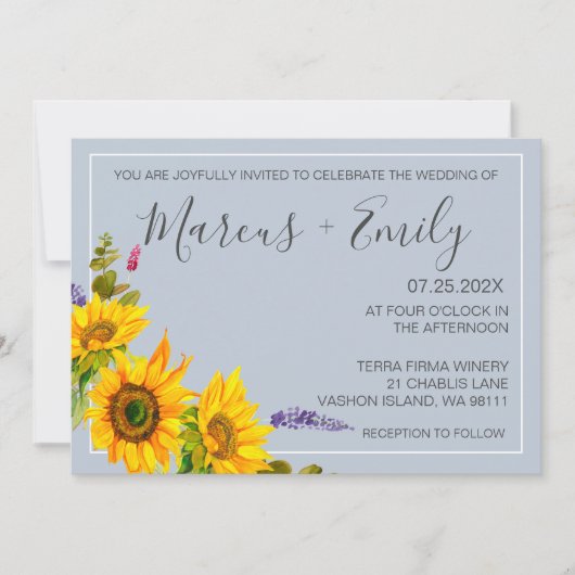 Zonnebloemen op blauwe QR-code huwelijksuitnodigin Kaart (Voorkant)