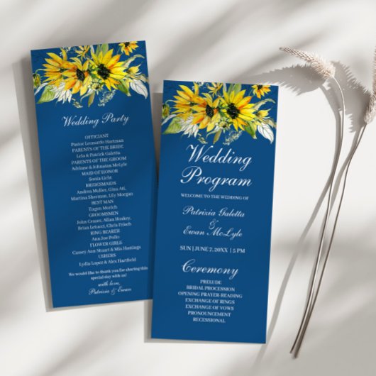 Zonnebloemen op Blue Wedding Programmakaart