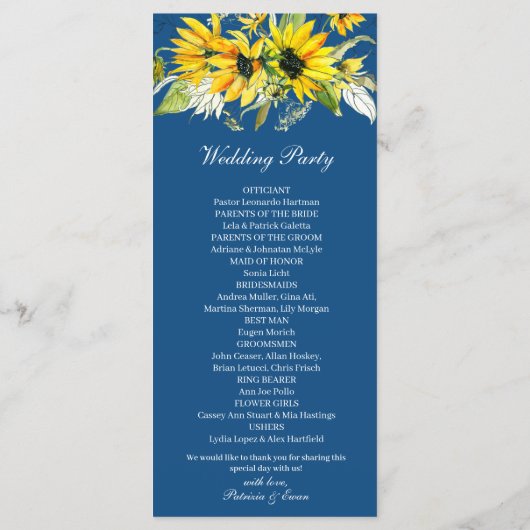 Zonnebloemen op Blue Wedding Programmakaart (Achterkant)