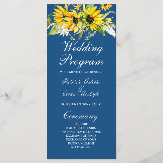 Zonnebloemen op Blue Wedding Programmakaart (Voorkant)