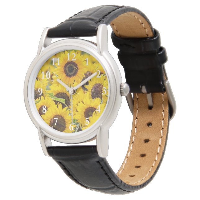 Zonnebloemen op Dames Zwart Leren Strap Horloge (Gekanteld)