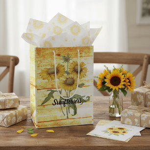 Zonnebloemen op hout medium cadeauzakje