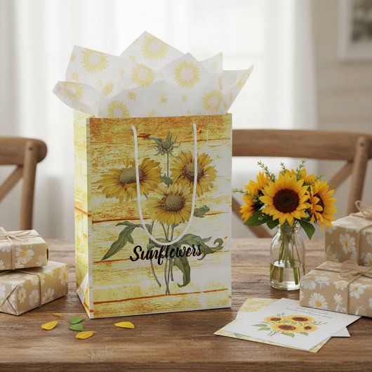 Zonnebloemen op hout medium cadeauzakje