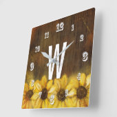 Zonnebloemen op hout | Monogram Vierkante Klok (Hoek)