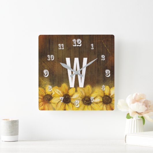 Zonnebloemen op hout | Monogram Vierkante Klok (Huis)