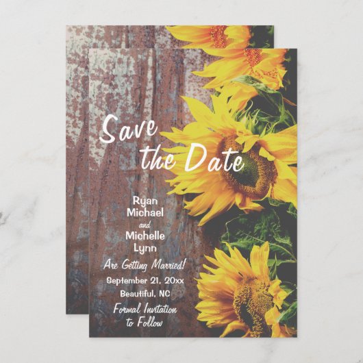 Zonnebloemen op hout Rustic Save the Date Wedding Kaart (Voorkant / Achterkant)