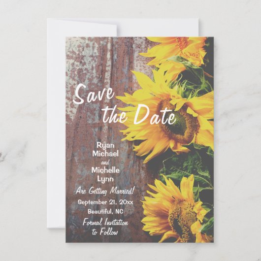 Zonnebloemen op hout Rustic Save the Date Wedding Kaart (Voorkant)