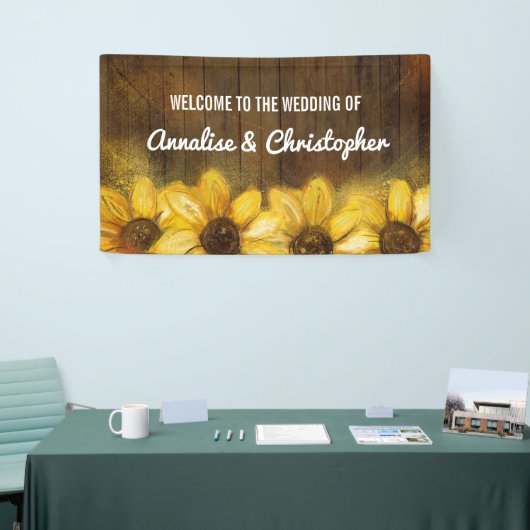 Zonnebloemen op hout | Welkom op de bruiloft Spandoek (Beurs)