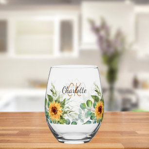 Zonnebloemen op maat gemaakte naam monogram beginl wijnglas zonder voet