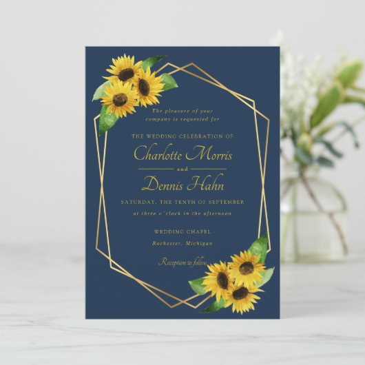 Zonnebloemen op marine bruiloft uitnodiging (Staand voorkant)
