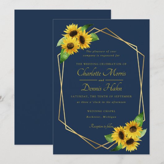 Zonnebloemen op marine bruiloft uitnodiging (Voorkant / Achterkant)