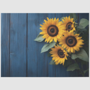 Zonnebloemen op marineblauw houten decoupage tissuepapier