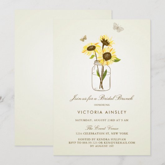 zonnebloemen op Mason Jar Bridal Brunch Kaart (Voorkant / Achterkant)