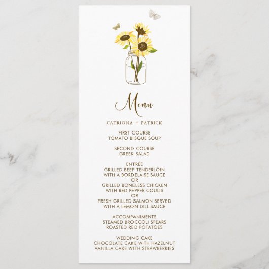 Zonnebloemen op Mason Jar Floral Menu Kaart (Voorkant)
