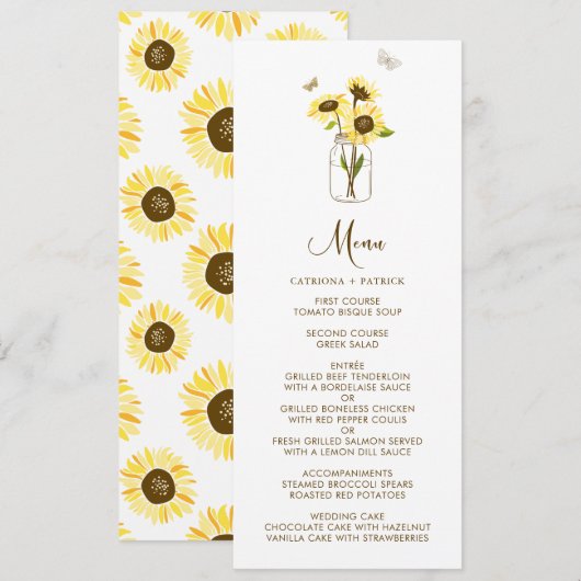 Zonnebloemen op Mason Jar Floral Menu Kaart (Voorkant / Achterkant)