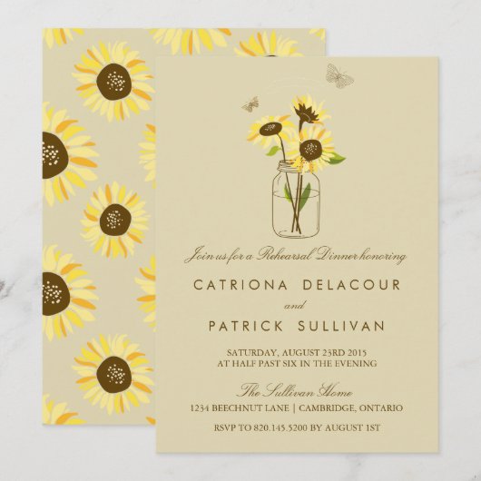 Zonnebloemen op Mason Jar Rehearsal Dinner Invite Kaart (Voorkant / Achterkant)