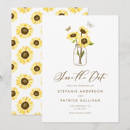 Zonnebloemen op Mason Jar Save the Date Aankondigi Kaart (Voorkant / Achterkant)