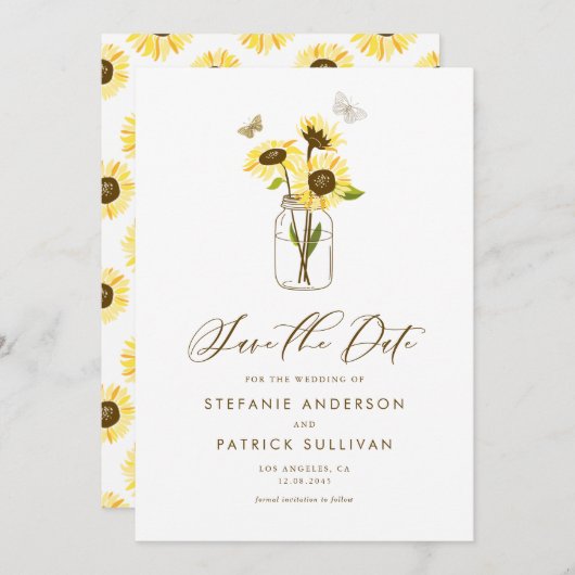 Zonnebloemen op Mason Pot Save the Date Aankondigi Kaart (Voorkant / Achterkant)
