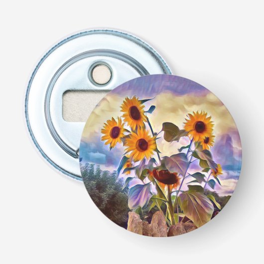 Zonnebloemen op Rock Wall Button Flesopener (Voorkant)