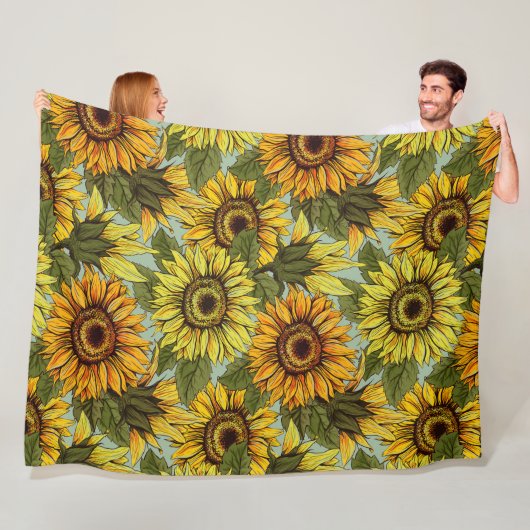 Zonnebloemen op Sage Background Foliage Oranje Yel Fleece Deken (In situ)