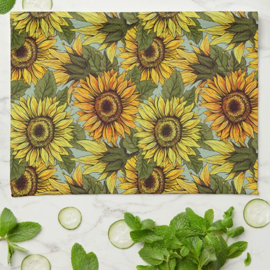 Zonnebloemen op Sage Background Foliage Oranje Yel Theedoek (Gevouwen)