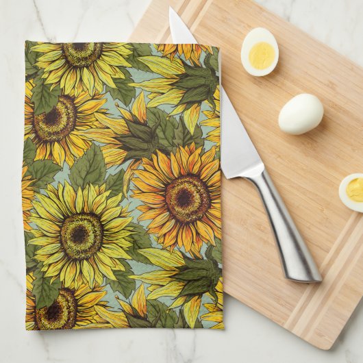 Zonnebloemen op Sage Background Foliage Oranje Yel Theedoek (Quarter Fold)